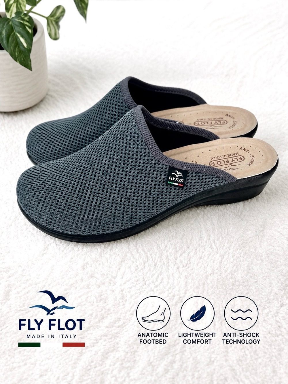 Fly Flot Gray Mesh Comfort Clogs Made in Italy EU 40 US 8.5-9 NWT